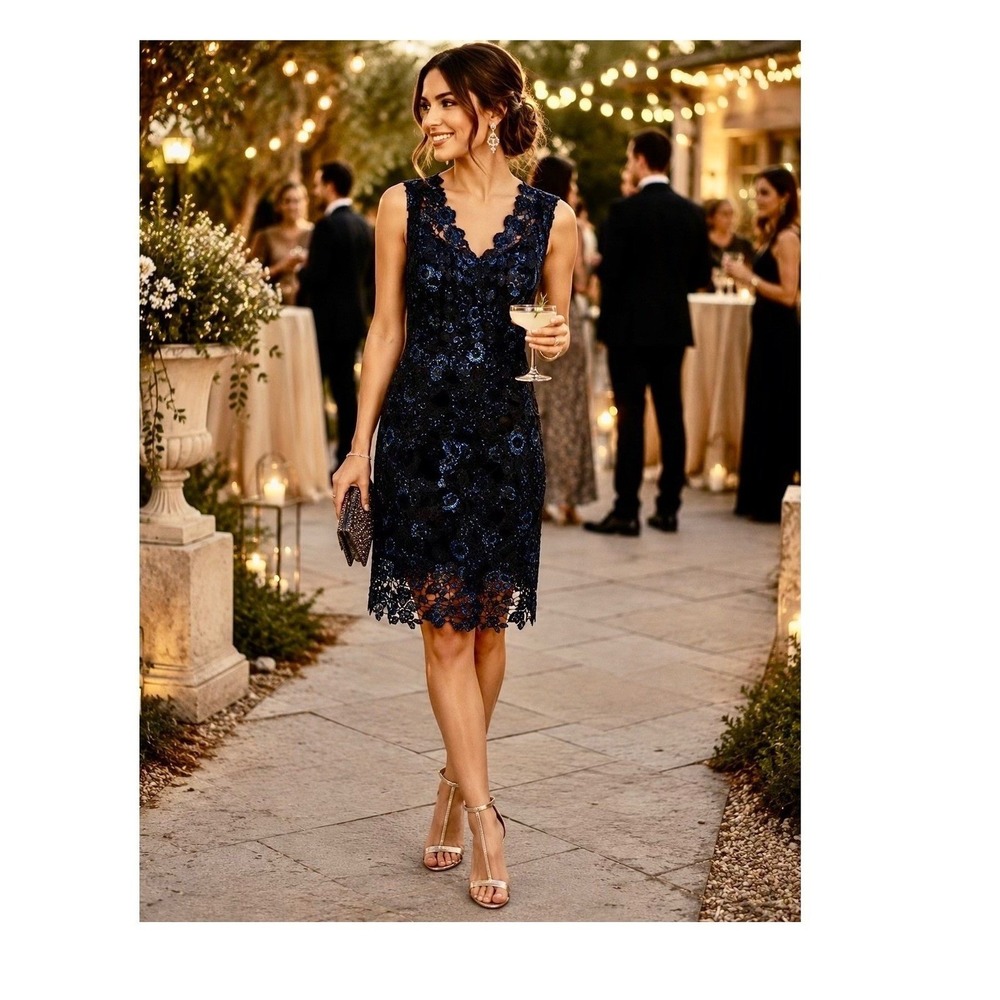 Elie Tahari Designer Lace Dress Size 6 Black Blue Floral Peacock Pattern Overlay